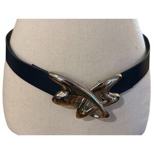 Gay Boyer New York Navy Blue Leather Statement Belt Silver Abstract Buckle ~28"